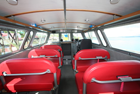 Interior of covered whale watching vessel